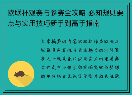 欧联杯观赛与参赛全攻略 必知规则要点与实用技巧新手到高手指南